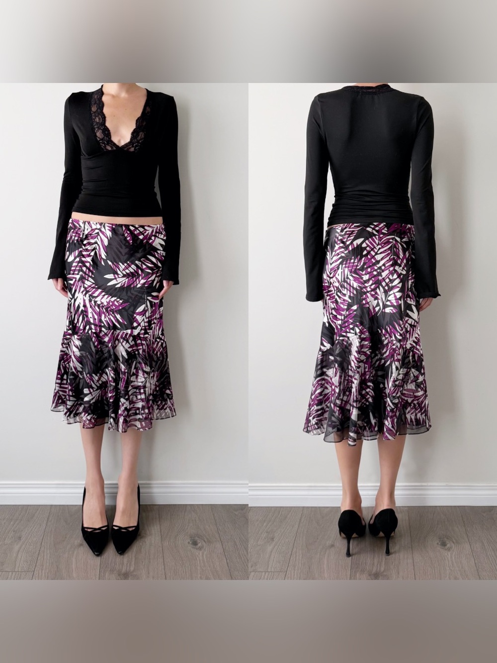 Vintage 100% Silk Whimsical Palm Print Mermaid Midi Skirt
